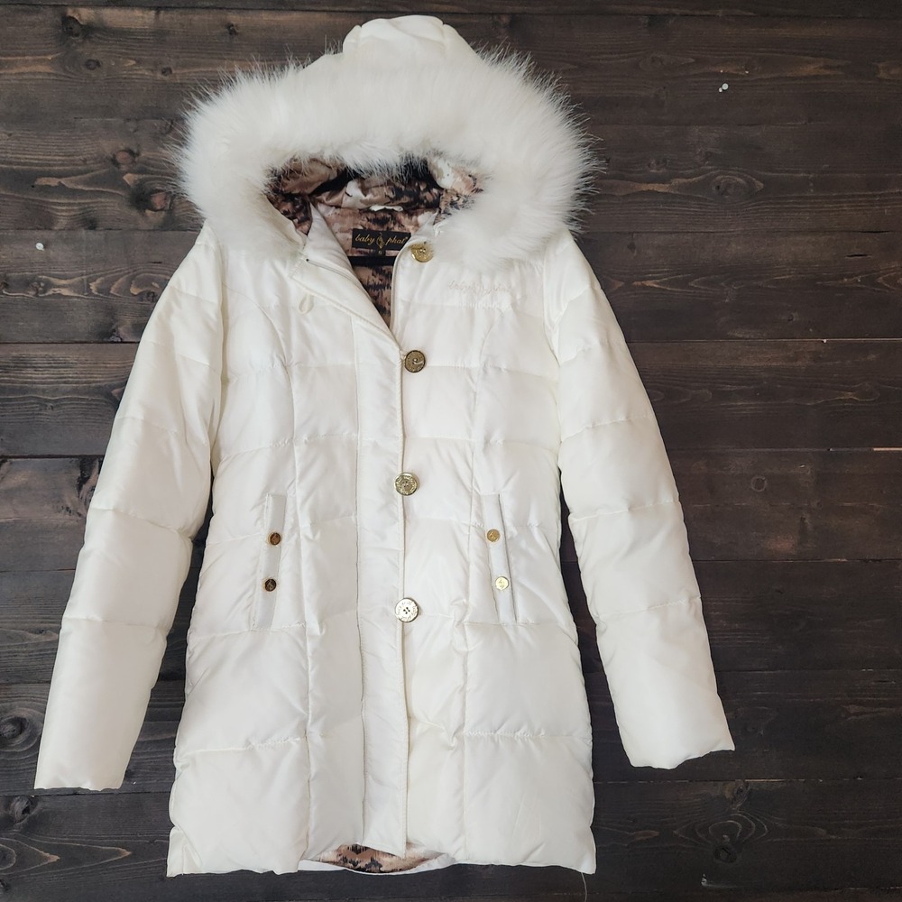 Y2K Vintage Baby Phat Jacket Women's Small  White Down Puffer‎ Bomber Hooded Fur
